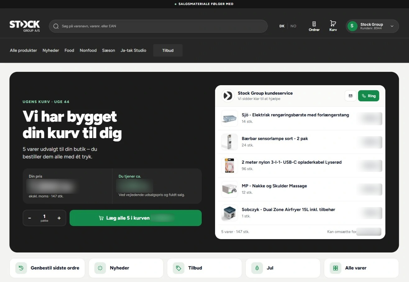 The front page of Stock Group’s B2B webshop
